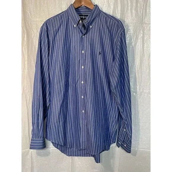 Ralph Lauren Yarmouth Blue Stripe 100% Cotton Long Sleeve Shirt 16.5 Large - Picture 1 of 8